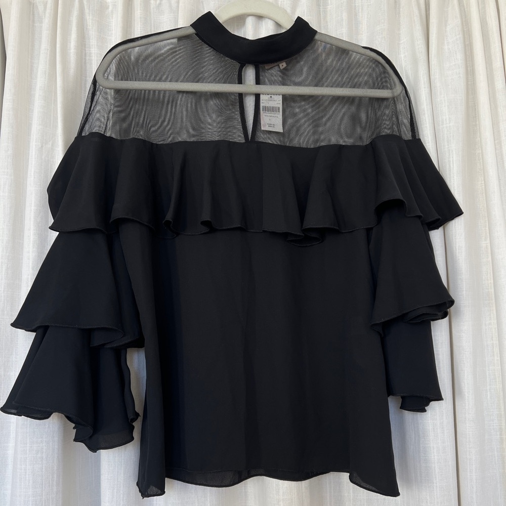 Barney’s Explosion Top Women Size 6 Tiered Ruffle Blouse Shirt Black Sheer NWT
